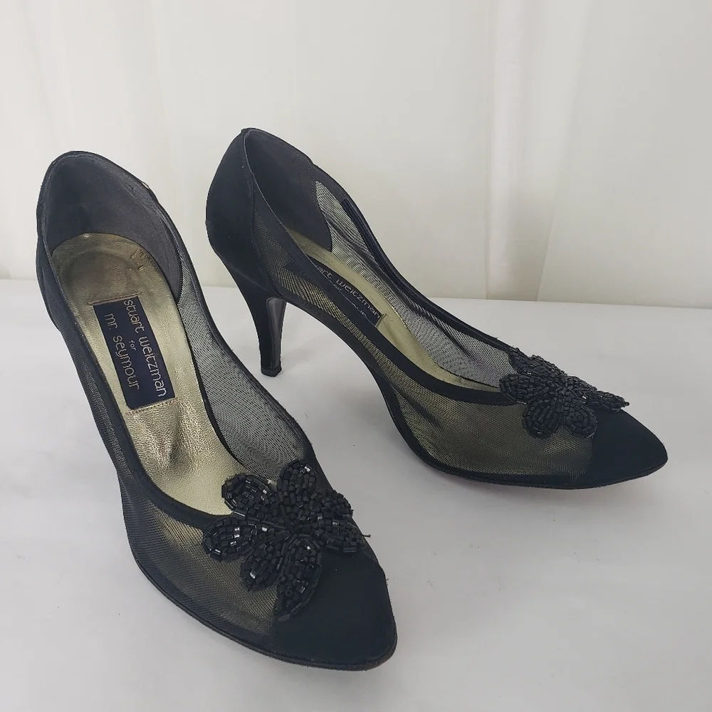 Vintage Stuart Weitzman for Mr. Seymour black satin mesh beaded pumps 8.5